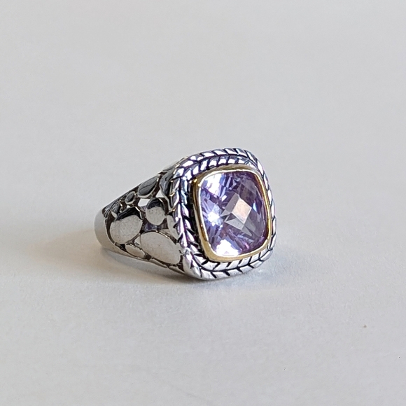 Jewelry - Vintage Cushion Cut Amethyst Silver-plated Ring Vine Frame Open Pebble Design